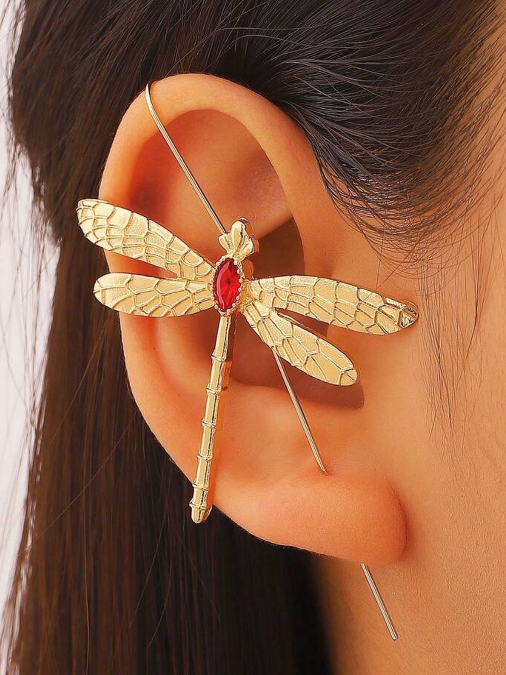 Gold Textured Dragonfly Single Ear Cuff with Red Gem CZ